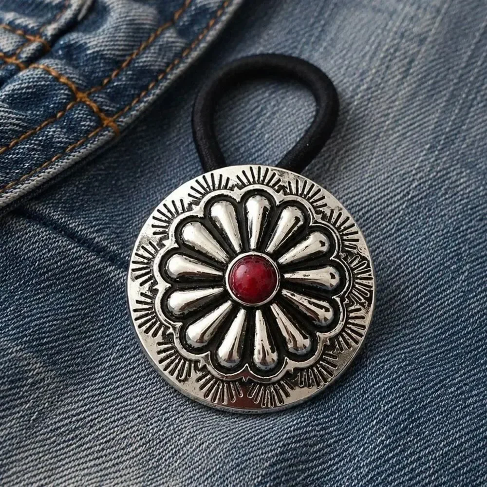 Kids Concho Hair Tie – Small Western Medallion with Red Accent Stone